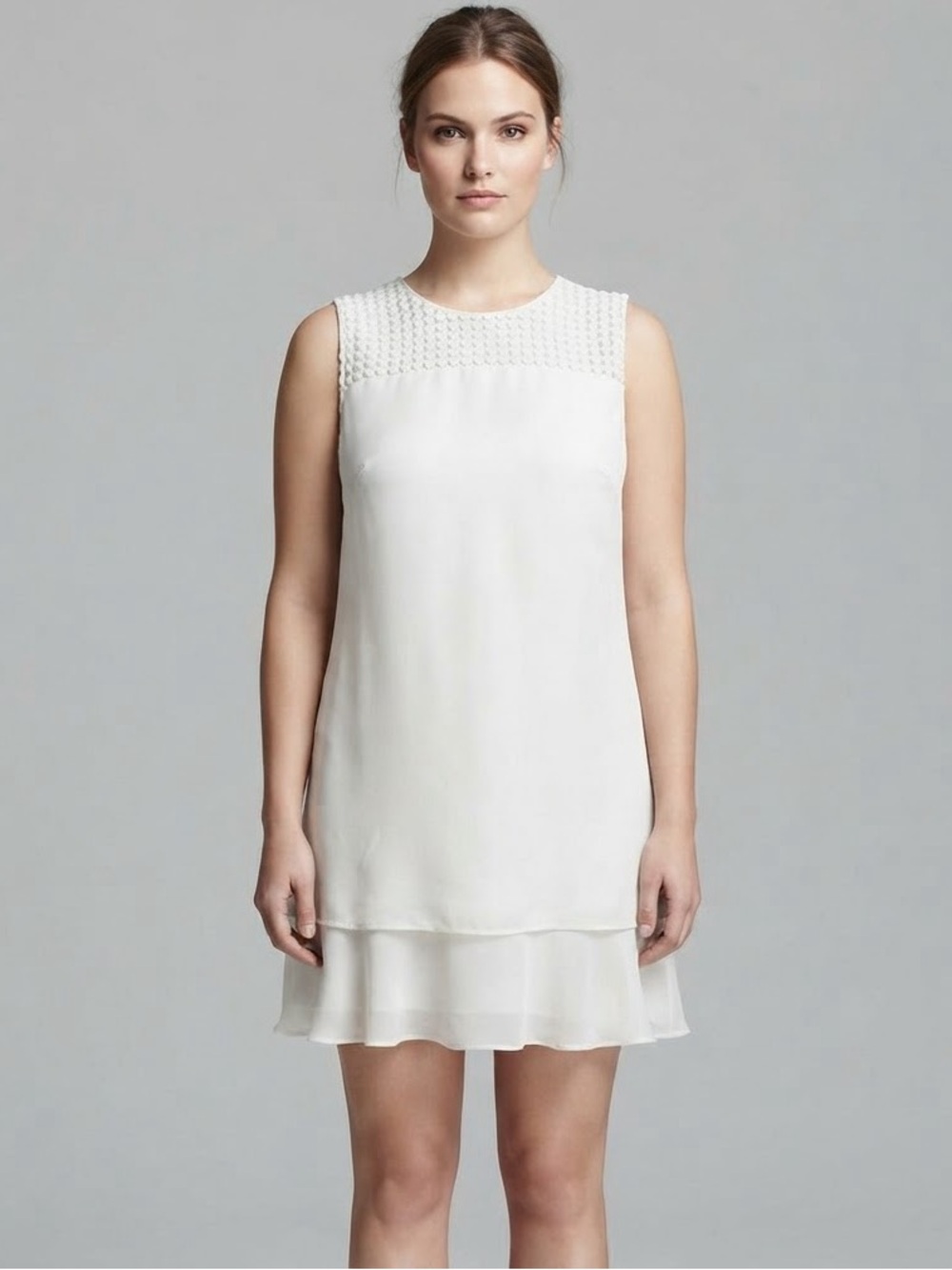 AKRIS punto Dress US 12 Ivory White Embroidered Layered Sleeveless Shift